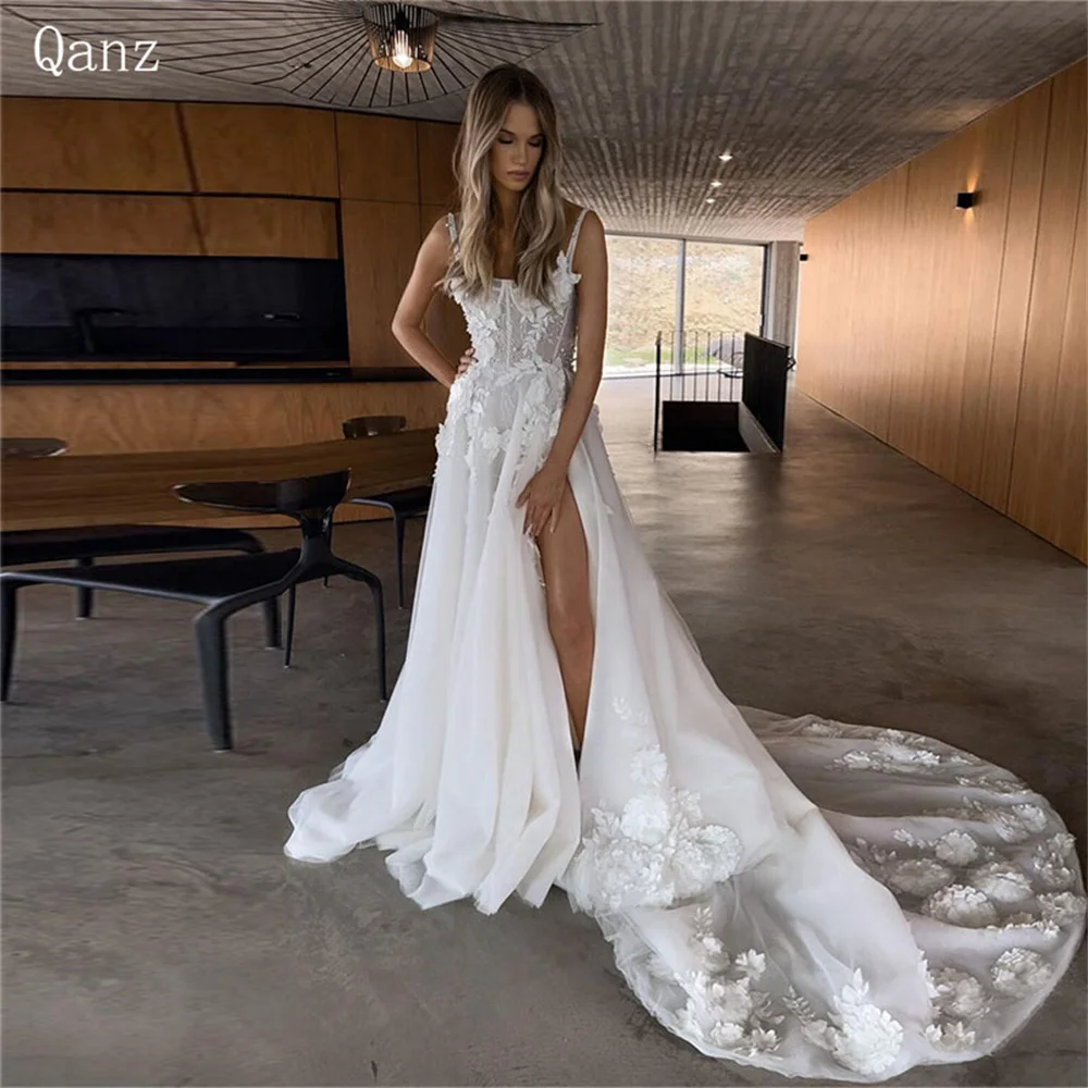 

Qanz Luxury 3D Flowers Wedding Dresses High Slit Sweep Train Spaghetti Straps Robe De Mariée Elegante Backless Long Bride Dress