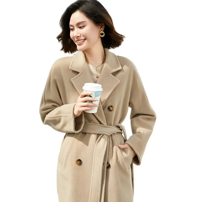 2023 Cashmere Women Medium -long Winter Wool Coat Female New Autumn Buttons Lace -Off aApricot Jacket Loose Suit Collar 101801