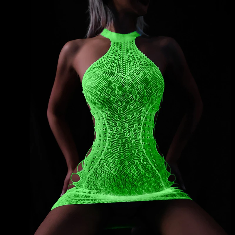 Sexy Porn Hollowed Luminous Bodysuit Erotic Lingerie Crotch Fishing Net Baby Doll Exotic Plus Size Lingerie Luminous Net Clothes