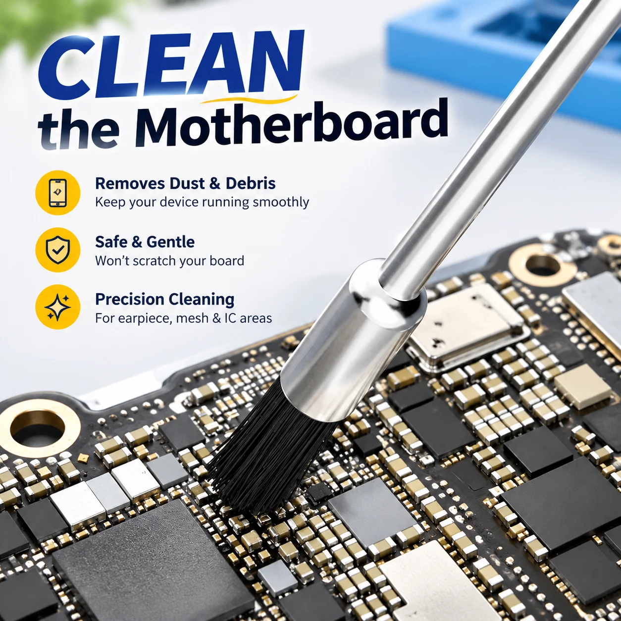 Dedicated Pad Cleaning Brush for Cellphone Maintenance, Safely Clears Earpiece Jack Mesh and IC Chip Residues Without Scratching