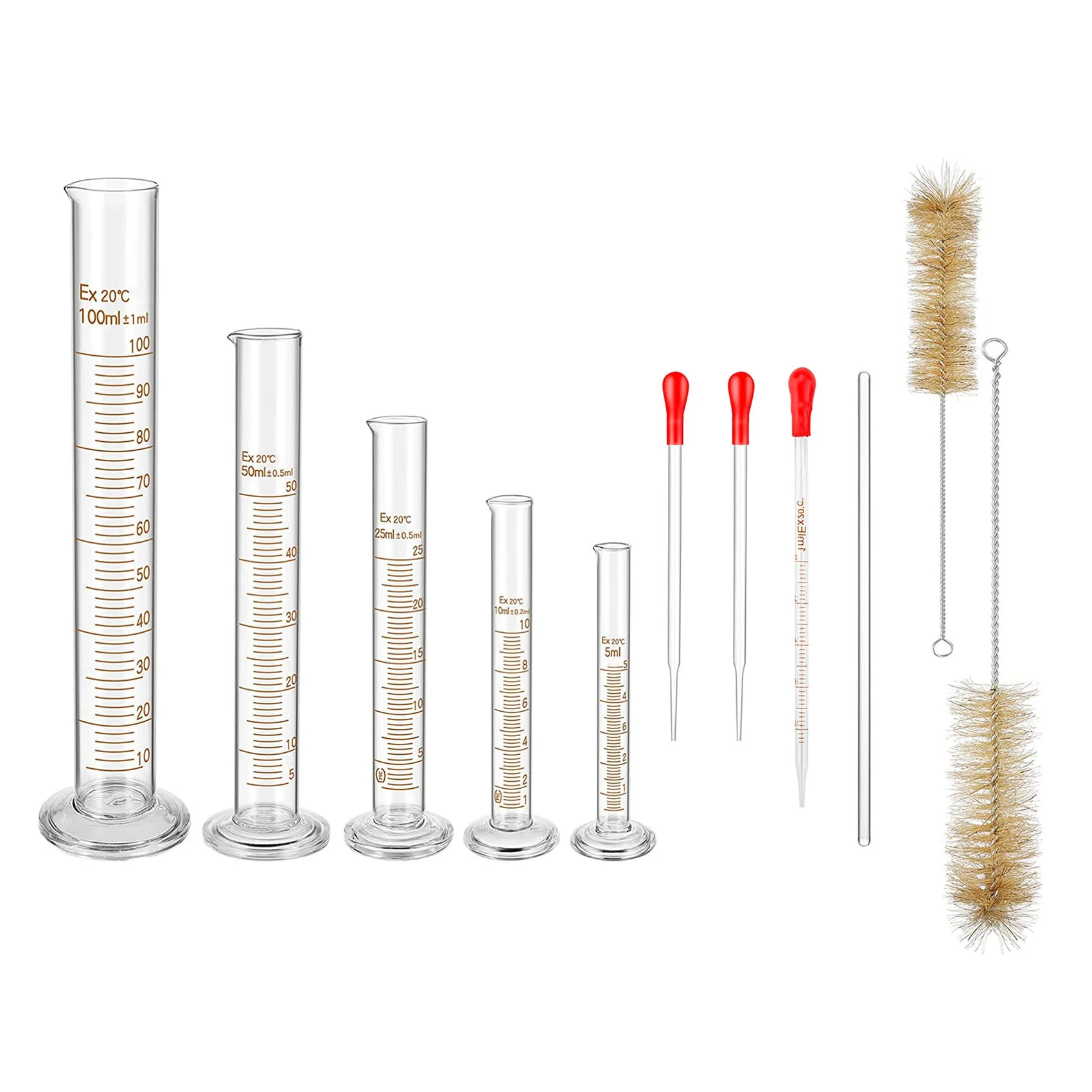 Set met glazen maatcilinders, premium borosilicaatcilinderset met 3 pipetten + 2 borstels + 1 roerstaafje