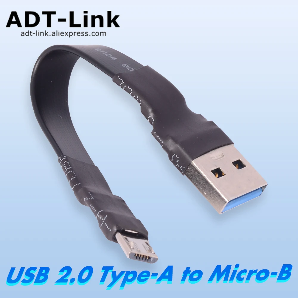 ADT USB 2.0 Male To Male Flat Cable Extension A Male To Micro-B Double Bend Angle 5V/1.5A For GPS Navigator Hard Drive ROCK Pi