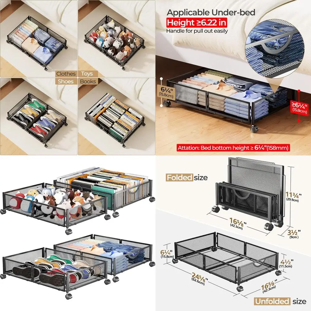 

4-Pack Wheeled Under Bed Storage Boxes for Clothes and Shoes, Easy Assembly, Black