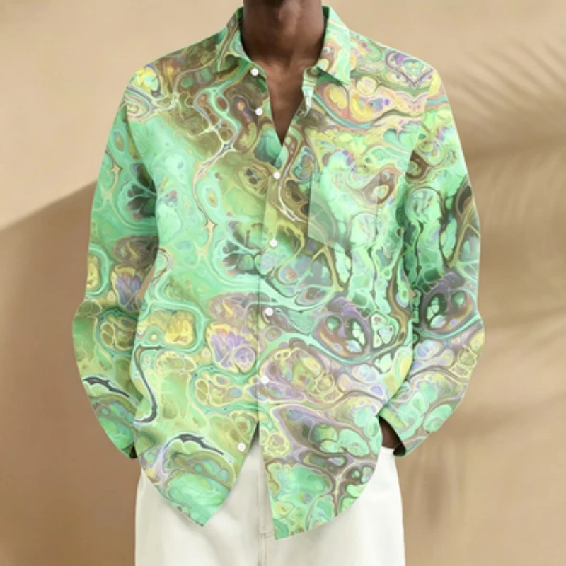 Men's Long Sleeved Shirt European And American Style Men's Lapel Long Sleeved Shirt Colorful Flowing Abstract Vortex Art Printed