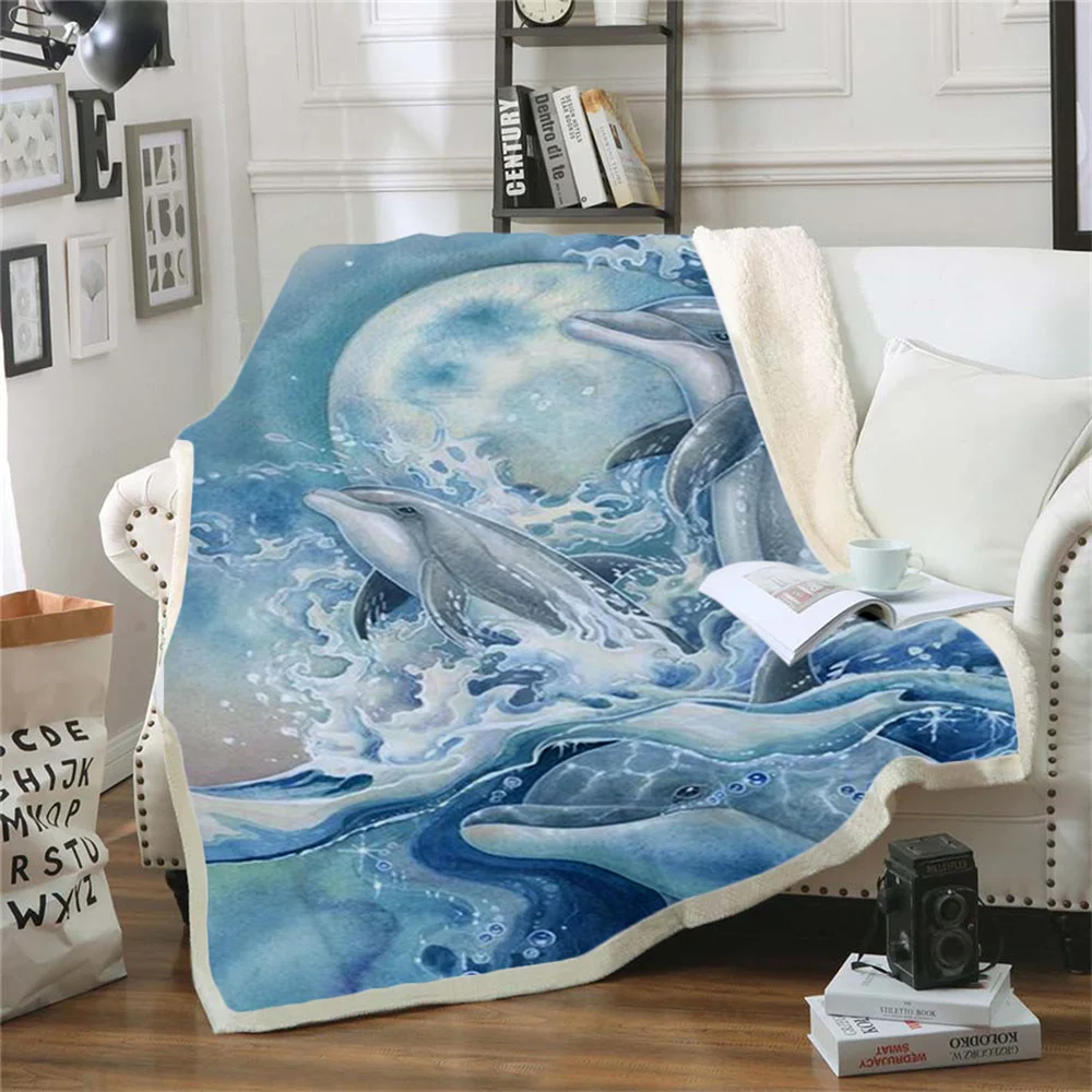 Cute Dolphin 3D Printed Sherpa Blanket Couch Quilt Cover Travel Bedding Outlet Velvet Plush Throw Fleece Blanket Bedspread 02