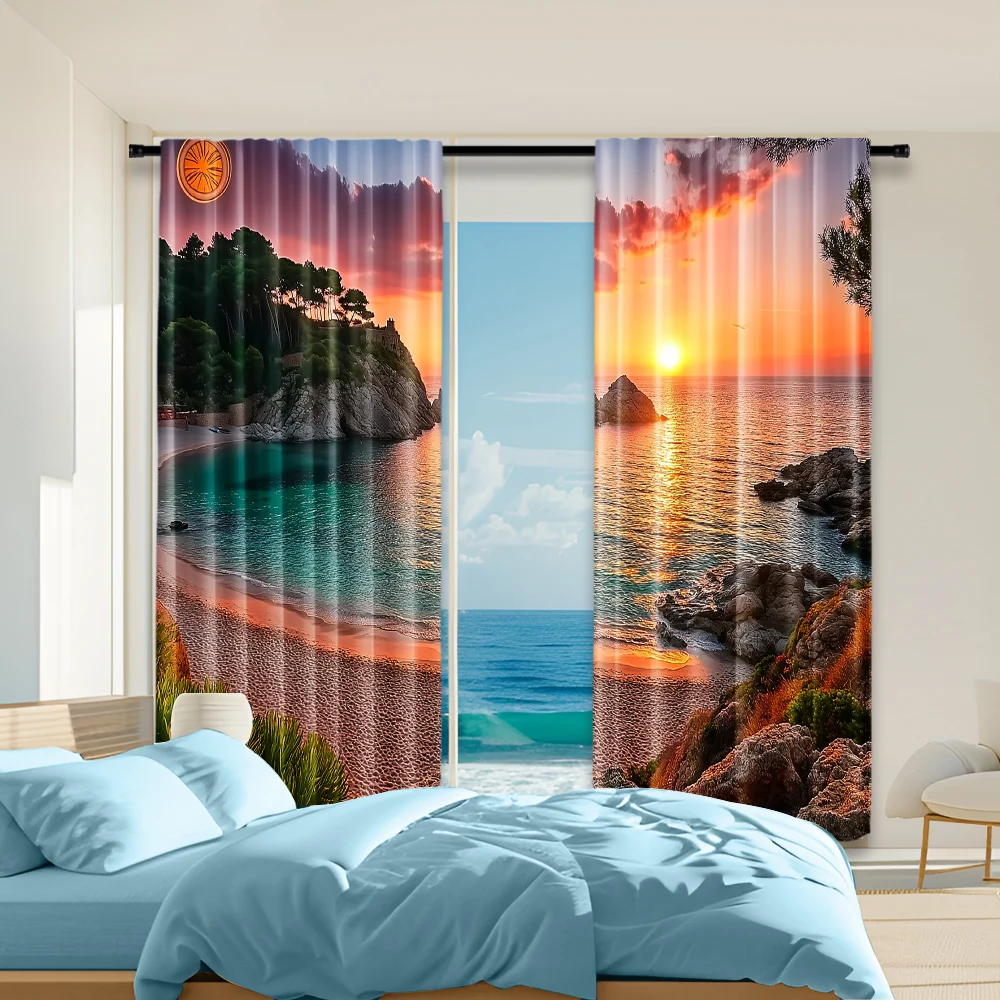 

2 pcs, versatile polyester transparent curtains for home decoration Beautiful Beach Sunset for use in bedrooms and living rooms