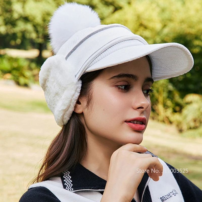 

MG шапка-бини для гольфа для женщин, зимняя теплая шапка с помпонами, женская уличная вязаная шапка с защитой от холода и ушей, ветрозащитная утолщенная шапка