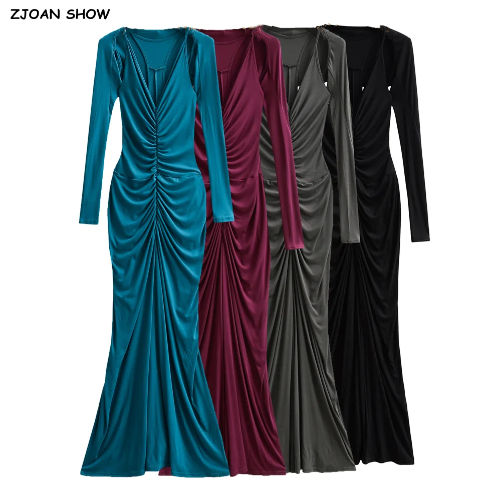 

2 pieces 1 Set 2025 Sexy Ruched V neck Sling Folded Slim Waist Package Hips Maxi Mermaid Dress Long Sleeve Crop Cape 5 colors