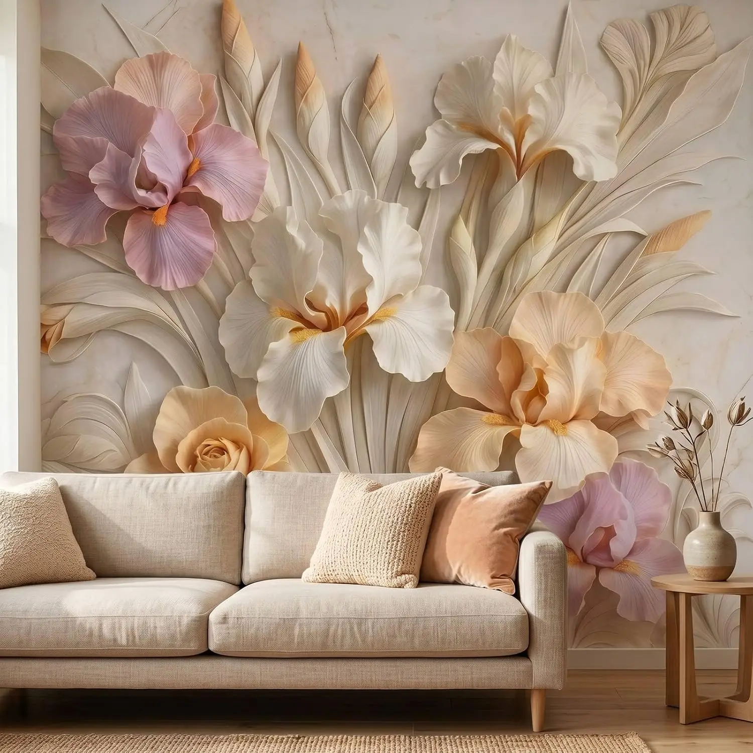 Elegant Large Floral Wall Mural Tapestry Wallpaper Botanical Lily Orchid Design Luxury Beige Room Decor Accent Piece