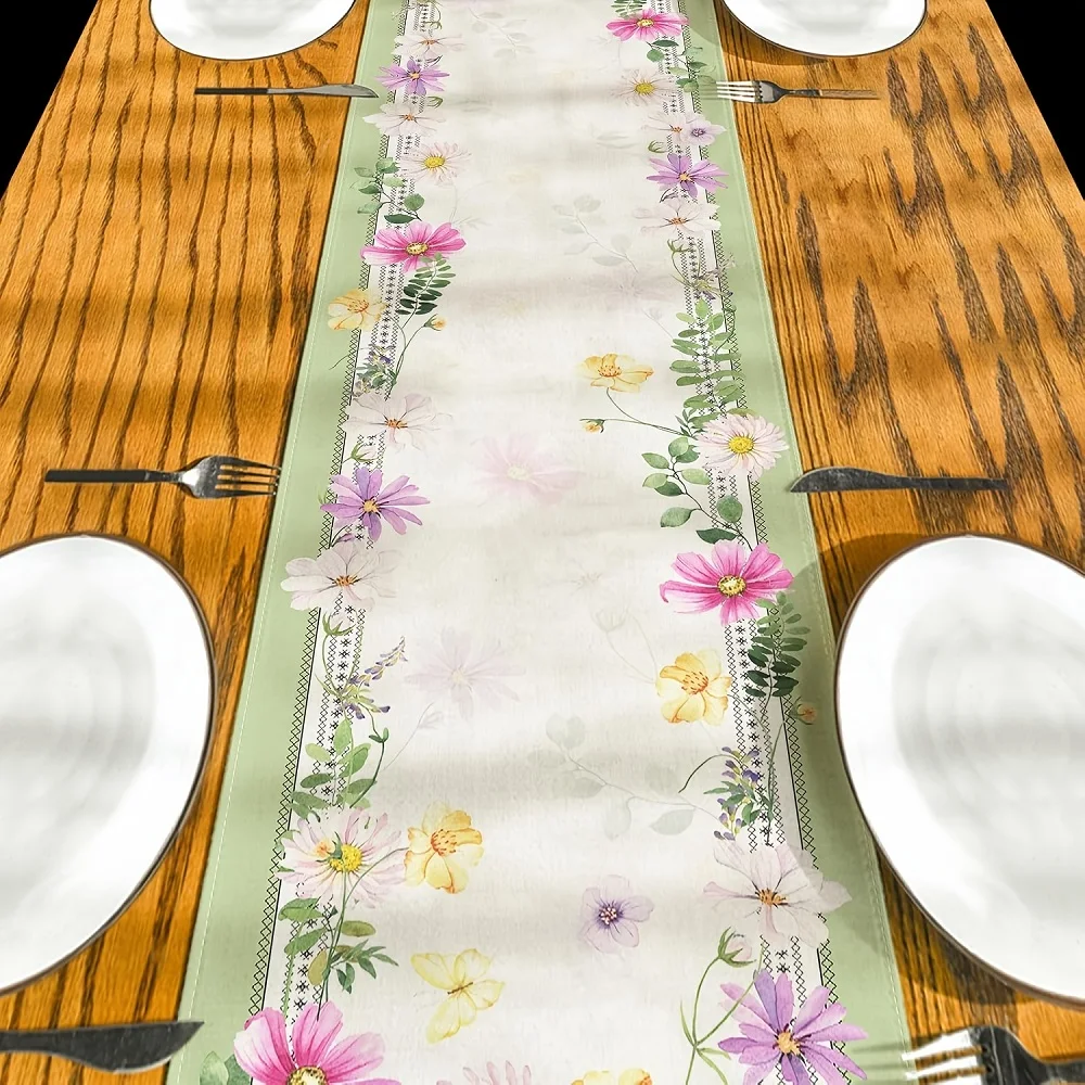 Summer Spring Flower Table Cover Green Leaf Dresser Scarves Table Runner for Home Kitchen Farmhouse Party Holidays Decoration