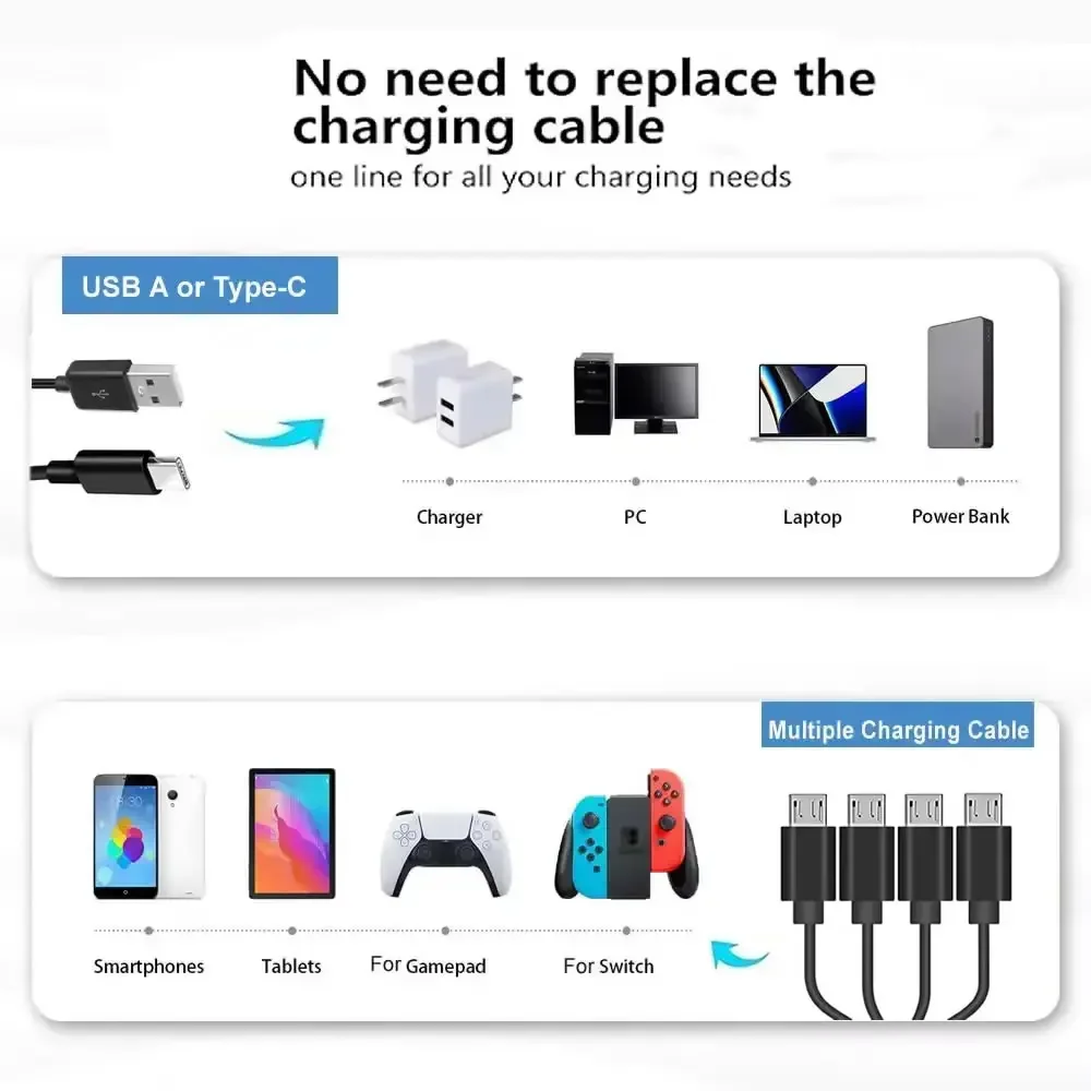 Cable micro USB de 2 a 4, cable de carga divisor multi micro USB, cable USB A/tipo C PD a micro USB de 5 V, con 4 microconectores