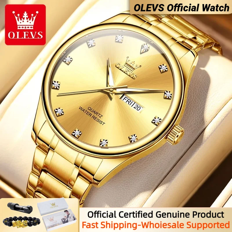 OLEVS นาฬิกาผู้ชาย3612เรือนสีทองข้อมือสแตนเลสนาฬิกาข้อมือคลาสสิคพร้อมจอแสดงปฏิทินคู่นาฬิกาธุรกิจใหม่