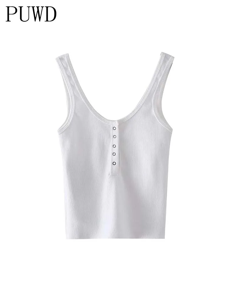 

PUWD Elegant Women White Tank 2022 Summer Fashion Ladies Falsie Slim Solid Color Top Female Chic Soft Cotton Tops