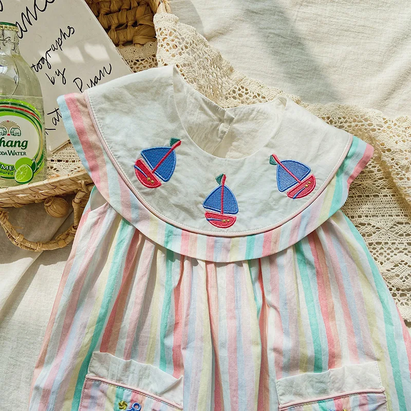 Girls Casual Dresses Sailing Embroidery Stripe Printing O-neck Party Dress Kids 2 To 7 Years Chinese Traditional Dress for Girls