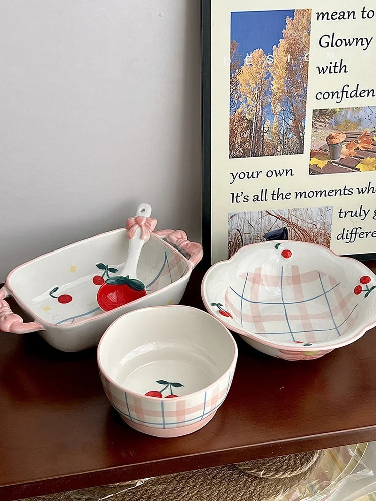 

Cherry Cerc Plate Rice Bowl Moving in Dining Utensils High Aesthetic Value Korean Sle Irregular ape Plant Floral Pattern