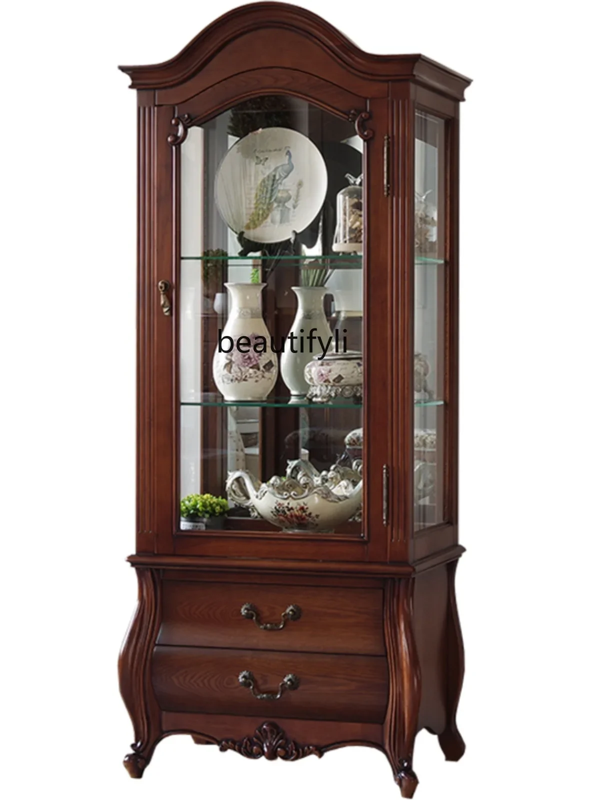 Solid Wood Glass Decorative Display Cabinet Single Door Wine Cabinet Living Room Classic Modern Retro