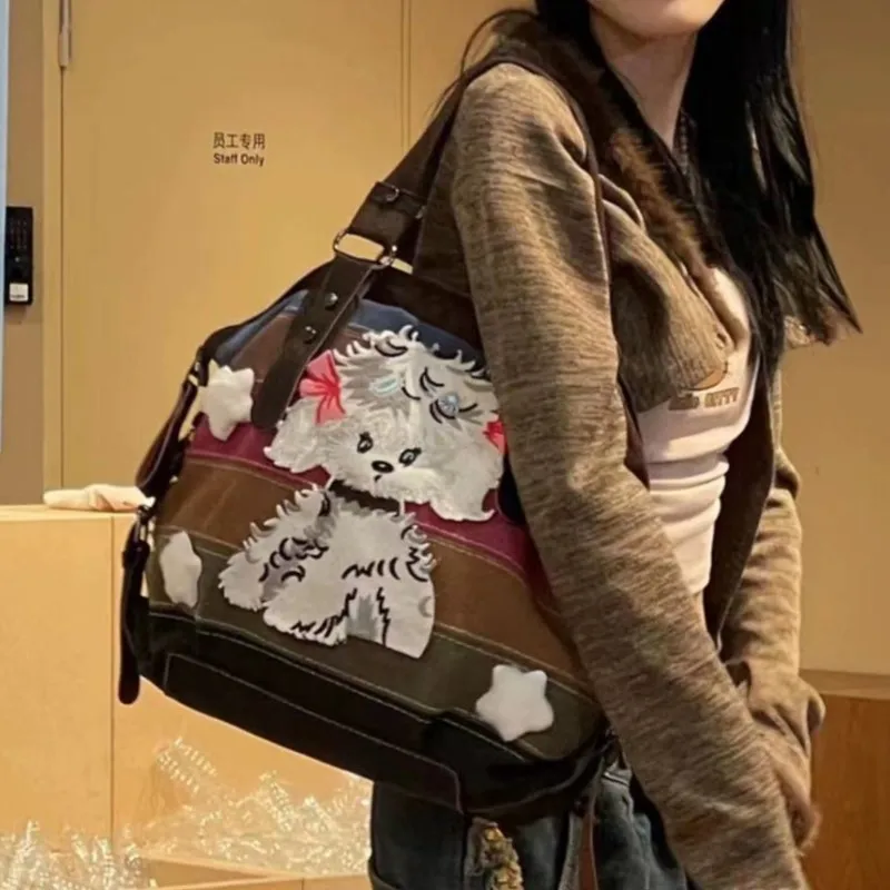 JIAERDI-Bolso de mano Harajuku Dog Y2k para mujer, bolso de hombro marrón a rayas de retazos, Retro, informal, estético, otoño