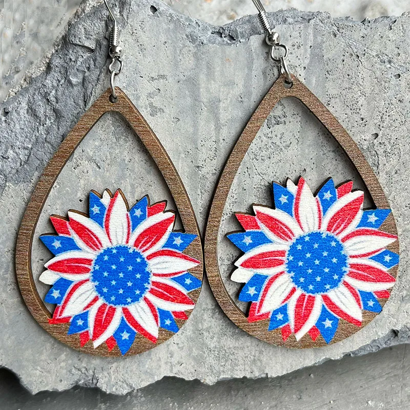 New Independence Day Earrings July 4th US Flag Color Hollow Out Water Drops Sunflower Flag Cactus Five Point Star Wood Ear Ring