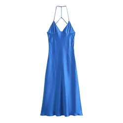 UNIZERA2024 Spring New Women's Wear Temperament Slim Fit Open Back Silk Satin Texture Solid Color Hanging Strap Dress