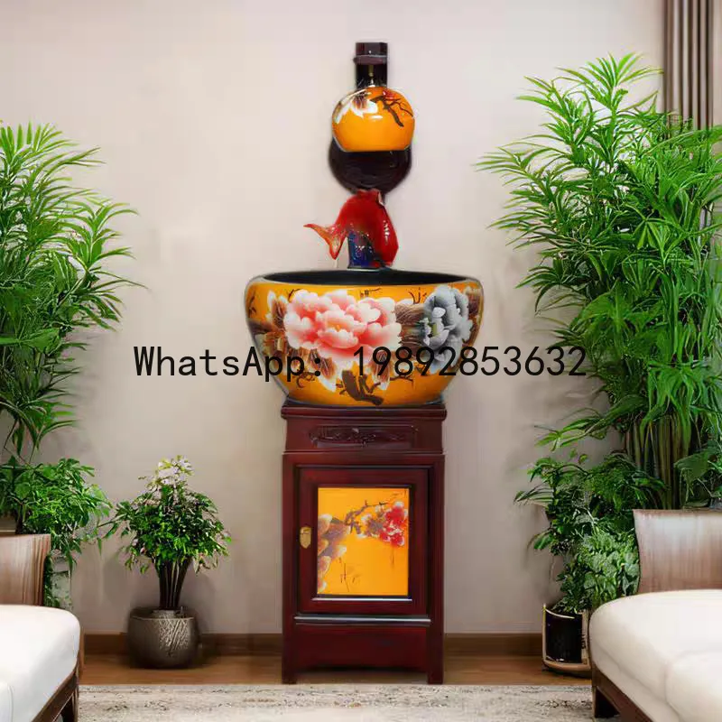 LYY Jingdezhen Ceramic Fish Tank Living Room Ornament Cabinet-style with Light Landscaping Humidifier Floor-standing Fish Bowl
