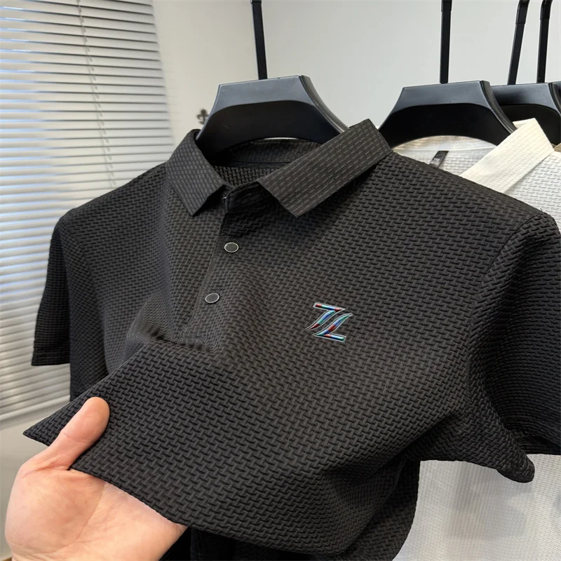 

Новая летняя мужская рубашка поло с тиснением, высококачественный эластичный быстросохнущий дышащий топ с короткими рукавами