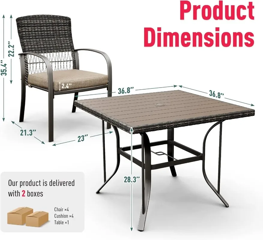 Outdoor 5-Piece Patio Dining Set, Weather Resistant PE Rattan Table and Chairs, Comfortable Cushions