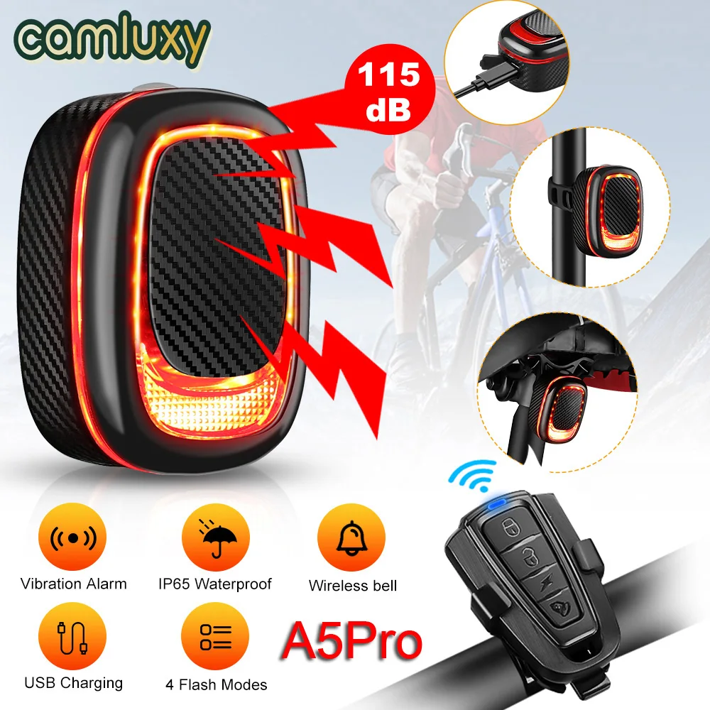 Camluxy Allarme bicicletta Fanale posteriore Antifurto impermeabile Luce per bici Ricarica USB Sensore freno automatico intelligente Lampada per