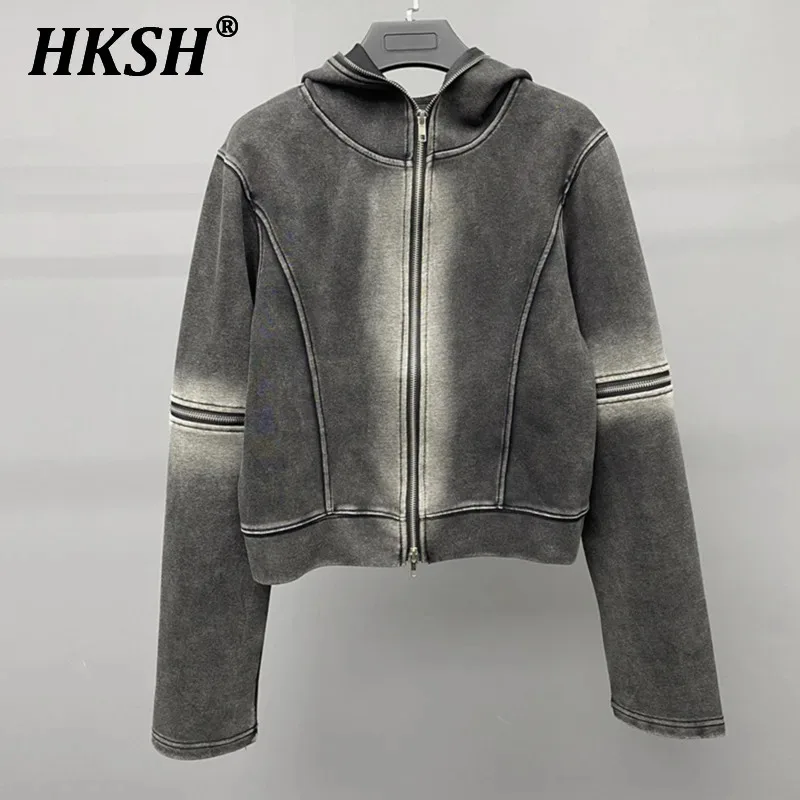 HKSH Spring Autumn New Hooded Sweater Double Zipper Removable Vintage Sweatshirt High Street Niche Design Shoulder Coats HK1072