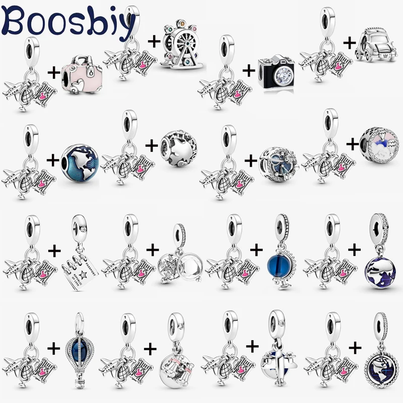 2Pcs/lot Aircraft & Globe & Luggage Bead With The Earth Pendant Fit DIY Brand Charm Bracelet For Women Jewelry Making Gift