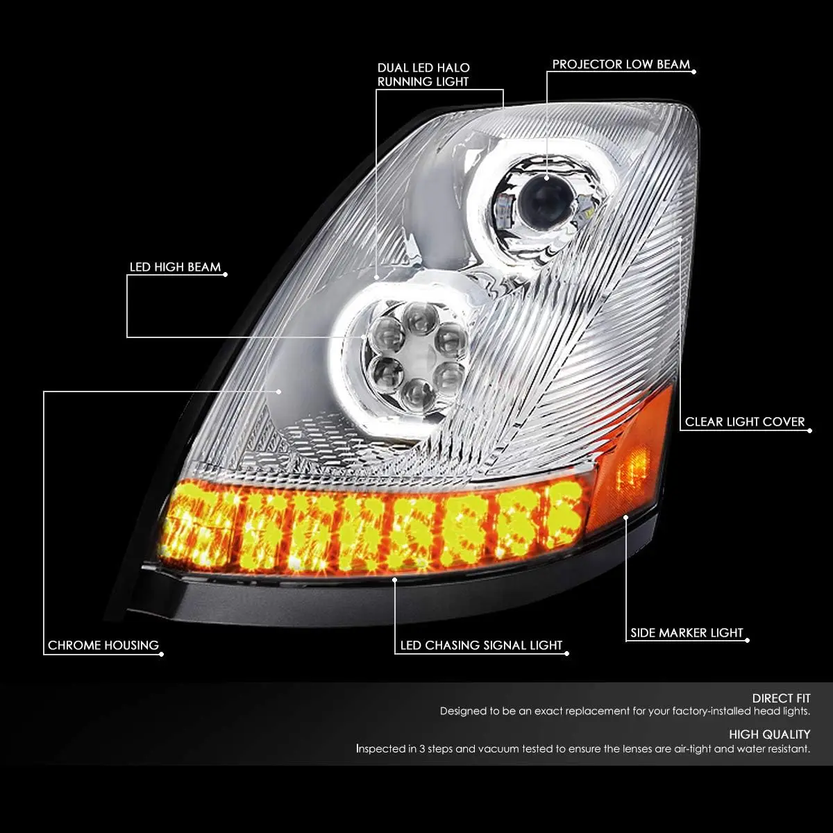 Auto Dynasty Dual LED Halo DRL Sequential Turn Signal Projector Headlights Compatible with VN VNL 300 400 430 630 740 04-1