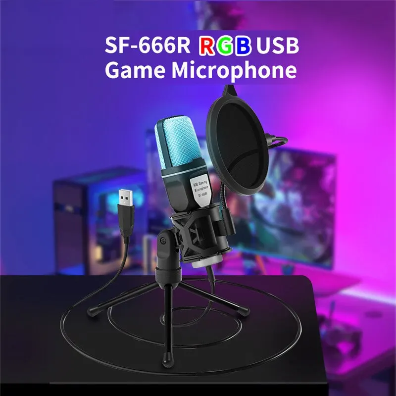 RGB USB 마이크 콘덴서 와이어 게이밍 마이크, 팟캐스트 녹음 스튜디오 스트리밍 노트북 데스크탑 PC용 