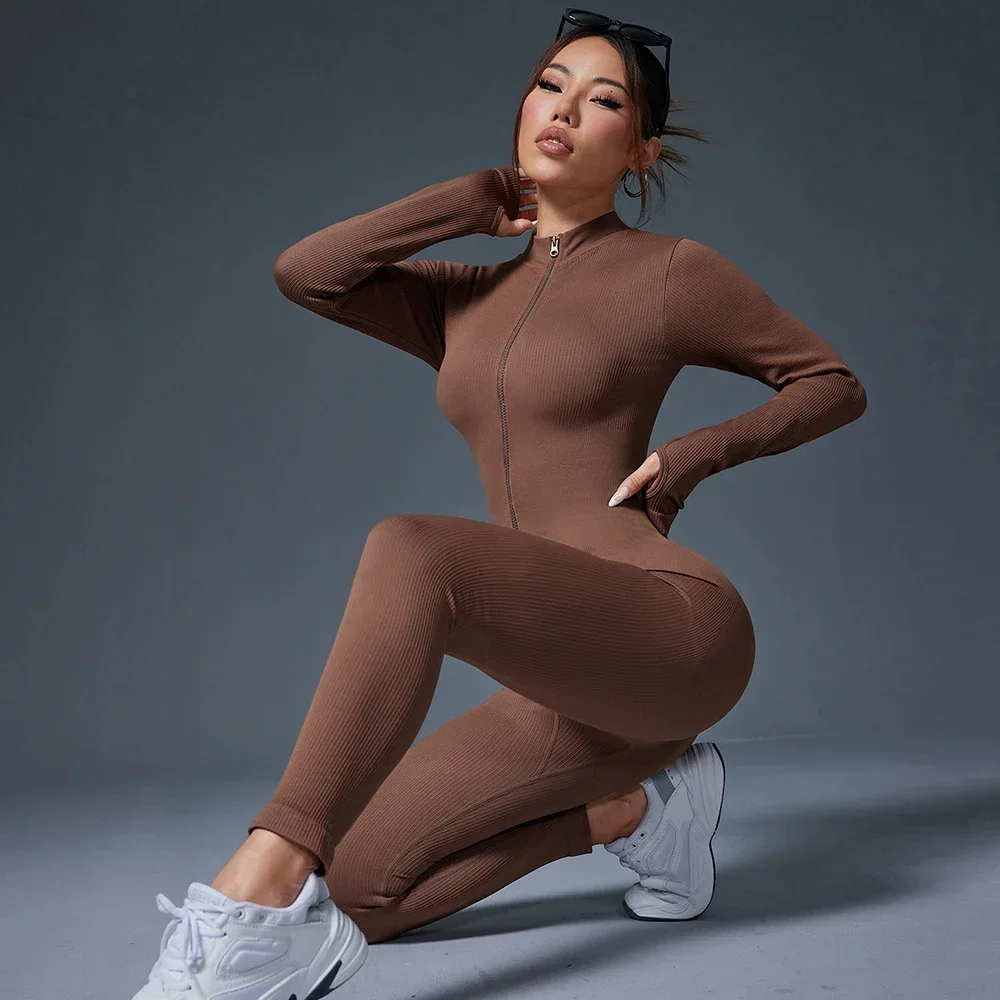

Zipper Yoga Rompers Long Sleeved One-piece Set Women's Sportswear Ribbed Gym Jumpsuits Workout High-intensity Fitness Bodysuit