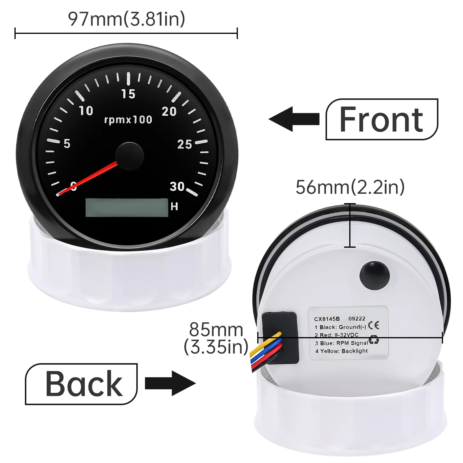 Tacômetro do motor diesel com hourmeter do LCD, 85mm, luminoso de 7 cores, calibre do Tacho, 3000, 4000, 6000 RPM, barco marinho, carro, 12V, 24V