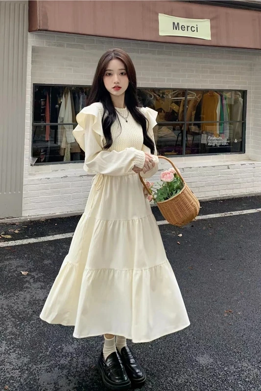 Senhoras francês babados painéis tripulação pescoço malha a linha vestido fino-encaixe ruched em camadas bolo vestido casual roupas soltas outono