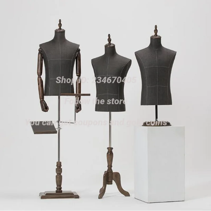 Male Half Length Mannequin Model Suit, Pants Rack Display, Clothing Store, Wooden Base, Adjustable Height, 2 Style, D146