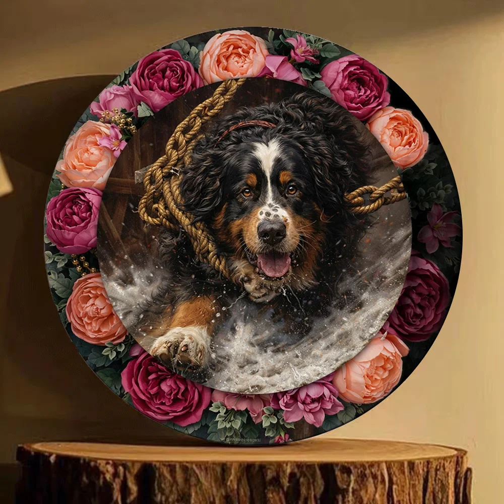 2D Flat - 【2D Flat】 2D Flat Print 1pc Metal Iron Sign 2D Flat 1pc Bernese Mountain Dog Floral Pattern Metal Sign Round Decorativ