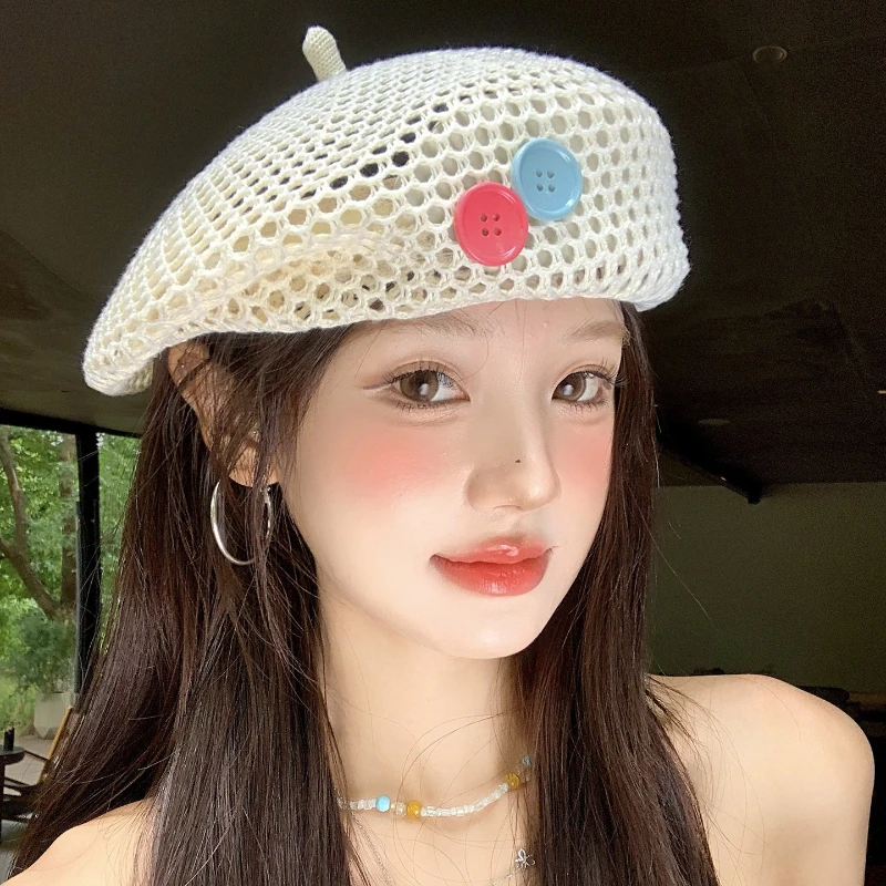 Japanese Minimalist Hollow Woven Button Beret for Women in Summer, Lightweight and Breathable Artist Hat