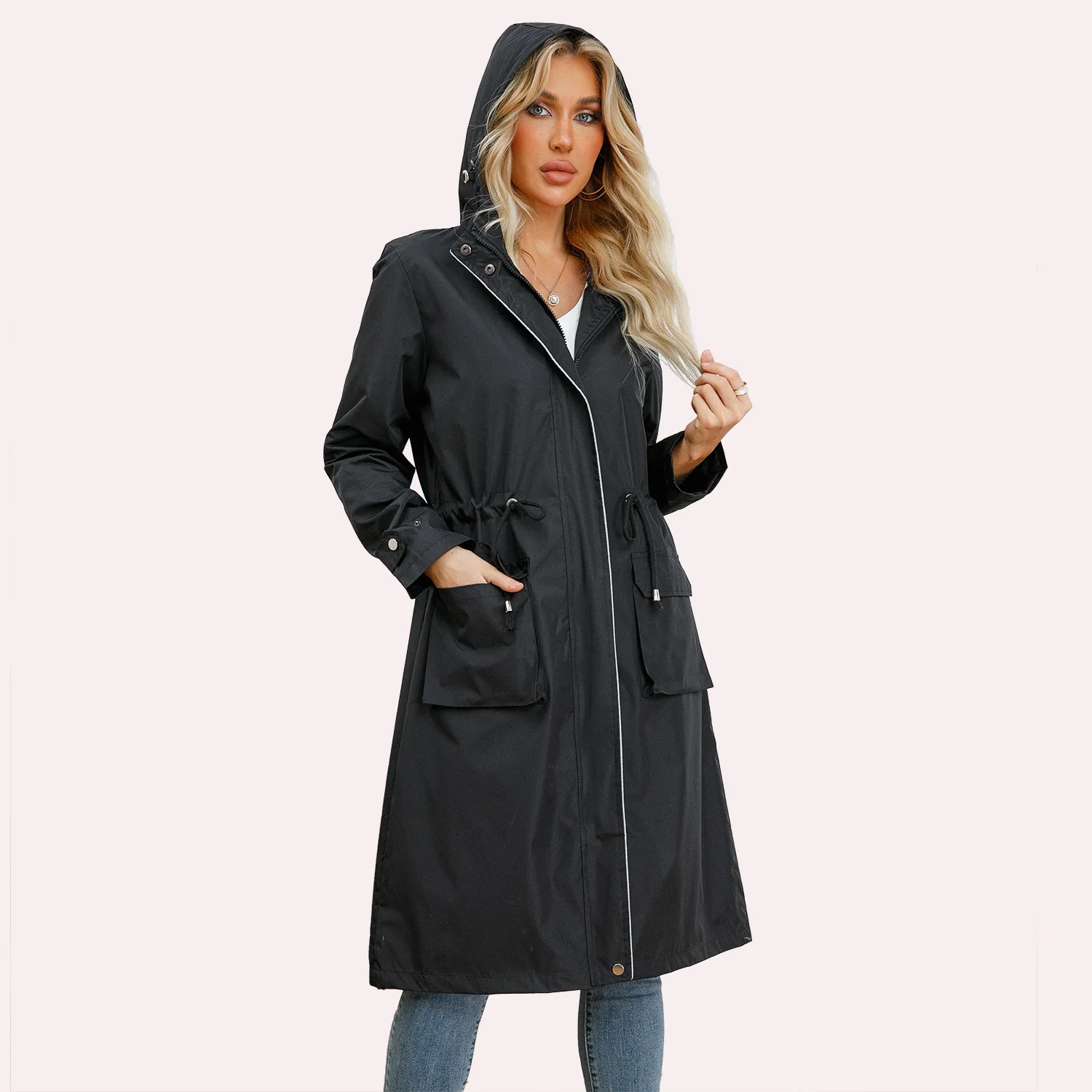 

2024 Spring Trench Coat Women Solid Long Sleeve Coats and Jackets Fashion Streetwear Hooded Long Jacket Autumn Winter Clothing