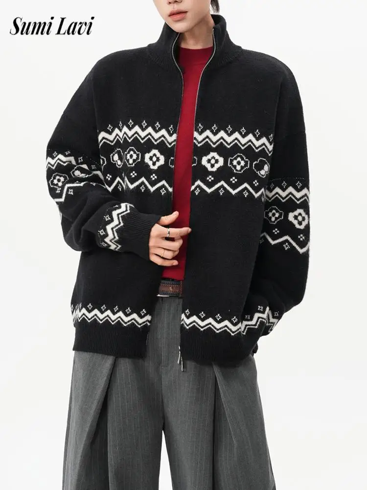 Fashionable Stand Collar Zipper Long Sleeve Tops Mens 2026 Autumn Pattern Knitted Cardigan Daily Outdoor Jackets For Male