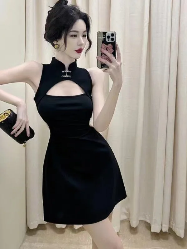 

Summer Korean Style New Sweet Soft Girl Black Hollow Out Temperament A-line Loose Dress Slim Fit Cheongsam Trendy Clothes SYU6