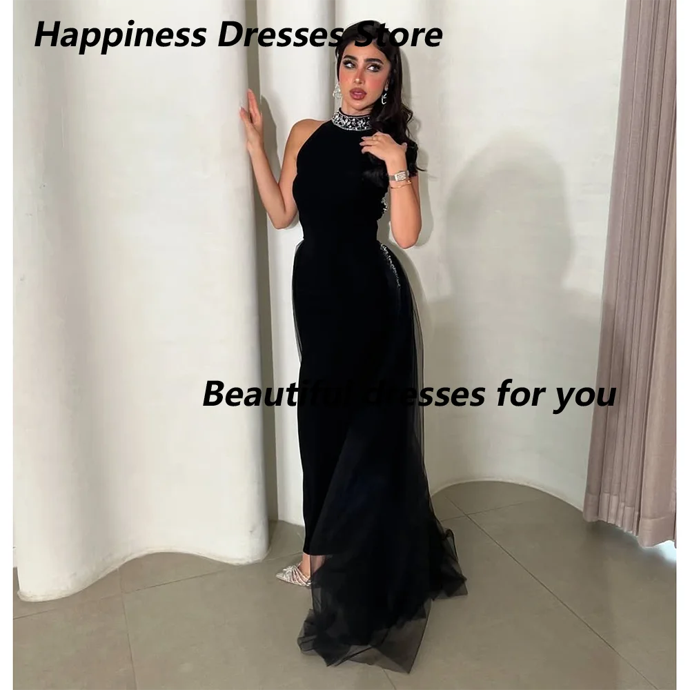 

Luxury Evening Dress for Women Crystal High Neck Straight Cocktail Party Gown with Tulle Sexy Backless Prom Dresses Customized