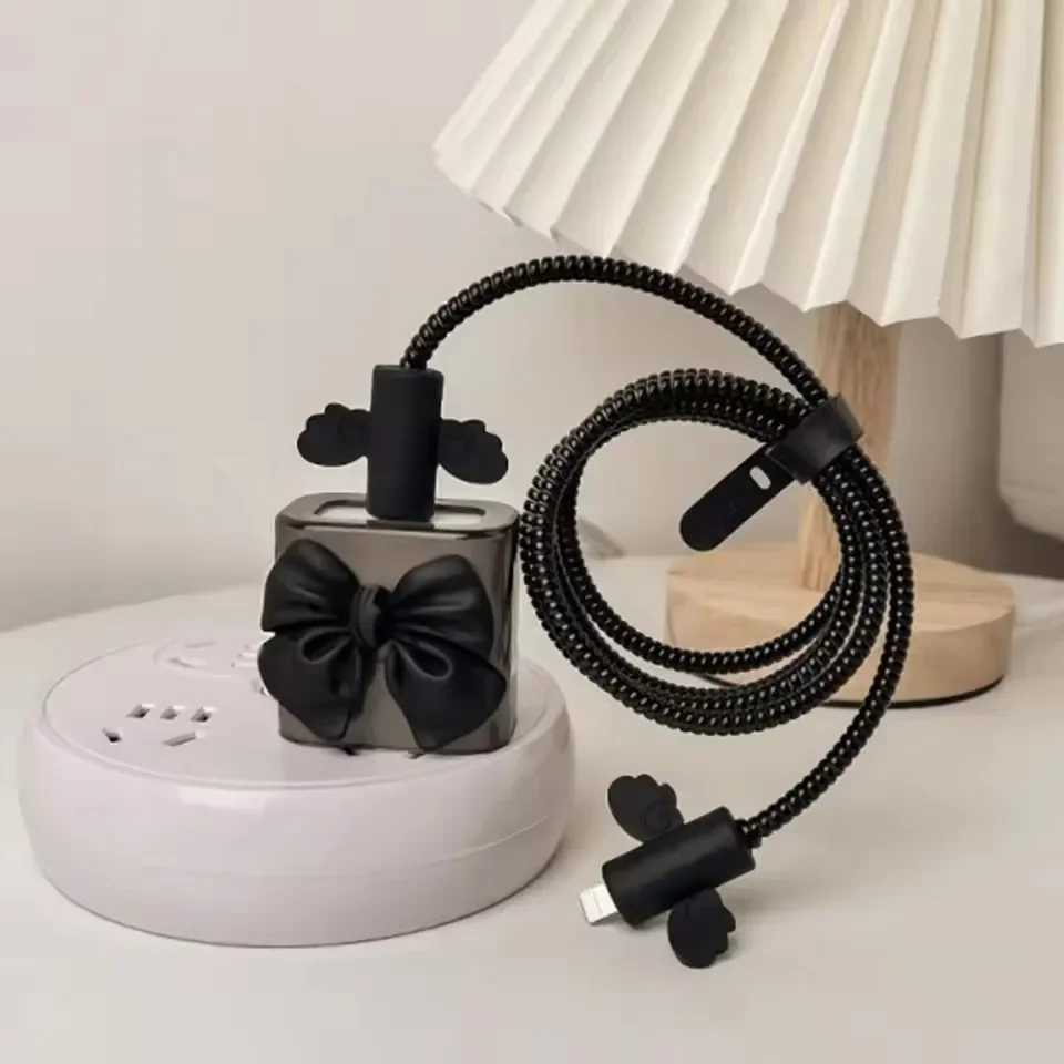 Black Love Bow 5pcs/set Charging Data Cable Protector Winder Accessories For iPhone 18/20w Charger Protective Cover view 4