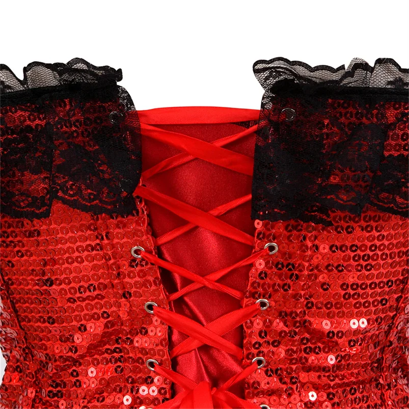 Gothic Red Corset for Women Sexy Lace Corset with Garters Vintage Lace Up Corset Top Sequin Sliver Bustier Overbust