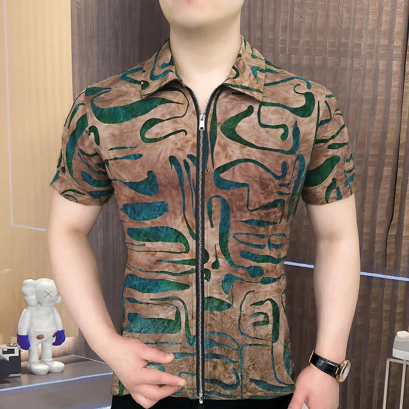 Luxury Mesh Hollowed Out Men's Zipper Cardigan Short Sleeve Ice Silk Breathable Shirt Vintage Casual Social Party Tuxedo Blouse