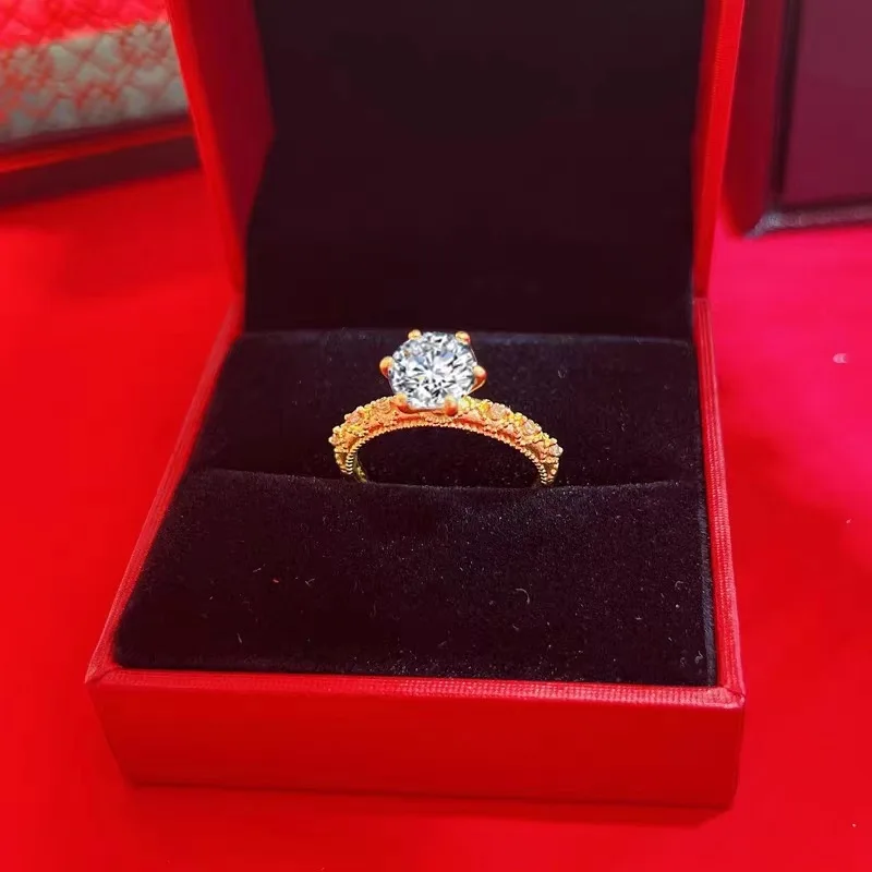 Women's 24K Gold (AU999) Moissanite Open Ring | Gold-inlaid band, hammered texture with adjustable moissanite setting