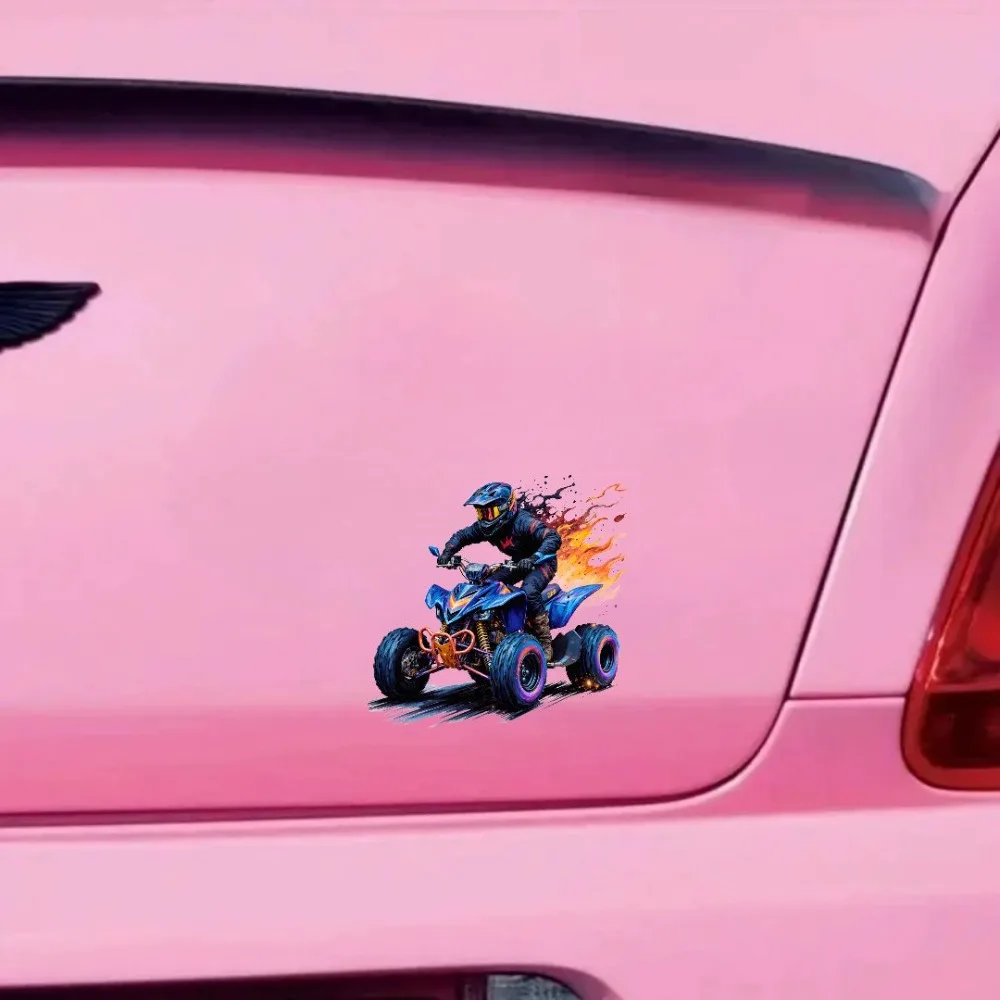 car Vinyl Decal Stylized Racer on Blue ATV with Flames Neon Rims And Dynamic Background Self Adhesive Waterproof Perfect for