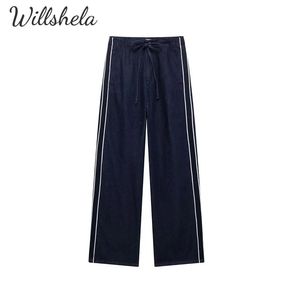 

Willshela Women Fashion Striped Denim Jeans Pant Elastic Waist with Sashes Female Chic Lady Casual Mujer Long Trousers