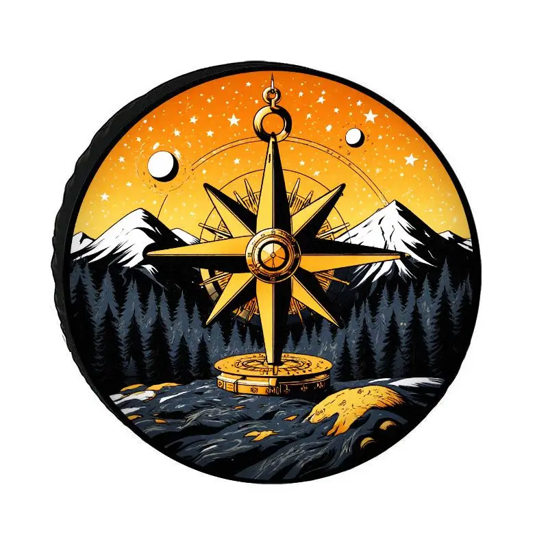 A Vast Starry Sky Golden Compass Polyester Tire Cover Featuring Mountain And Snow Patterns, Suitable For Off-Road Suvs And Truck