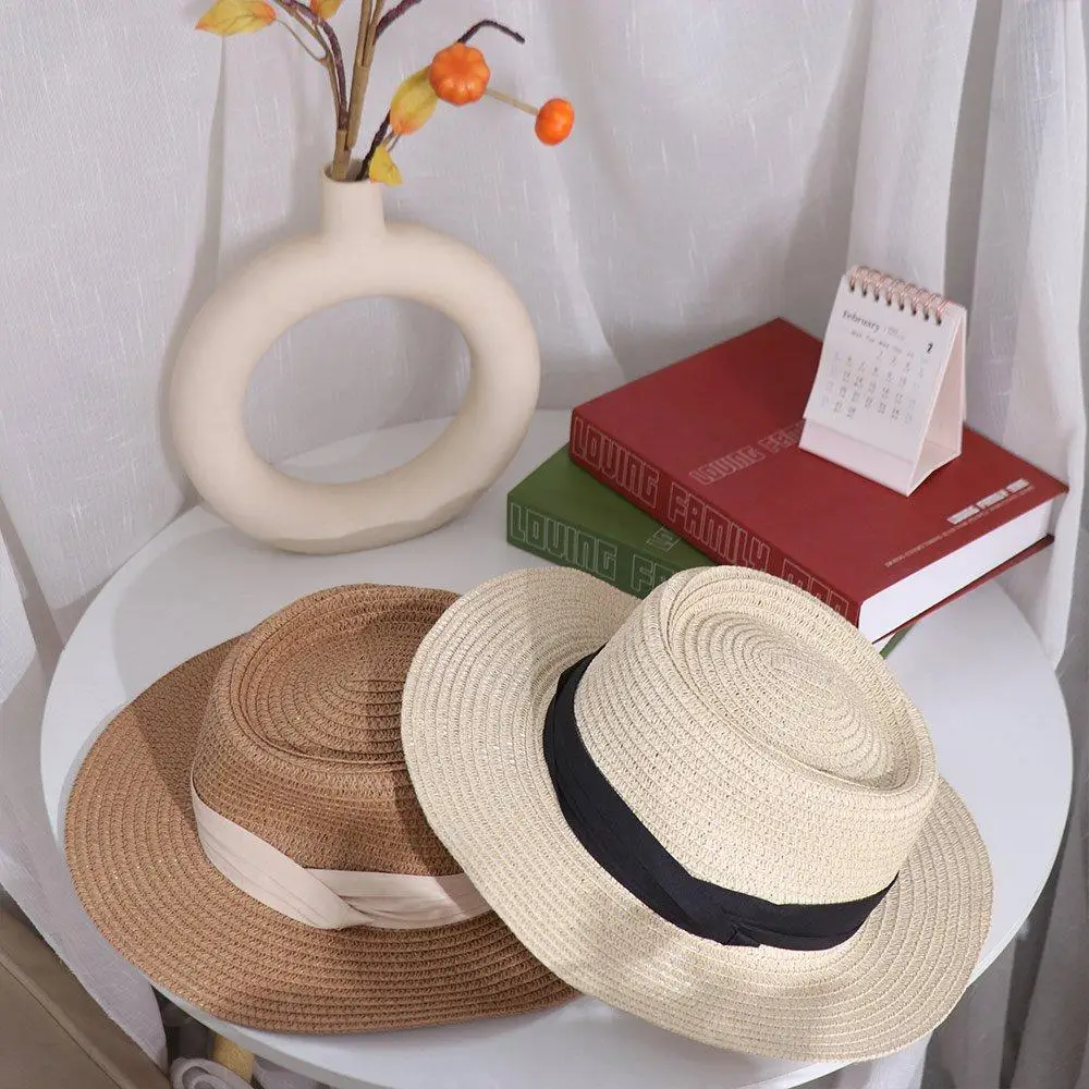 

Fashion Korean Style Straw Woven Hat Flat Brim Concave Top Sunscreen Bucket Hat Sunshade Wide Brim Women's Sun Hat Spring Summer