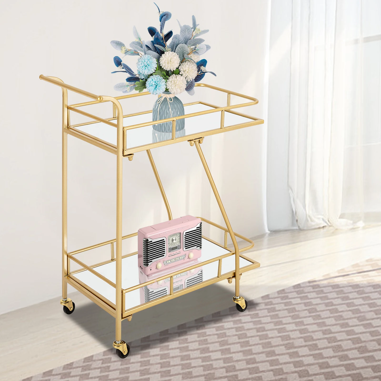 Furniture Rolling Bar Cart, Gold and Glass